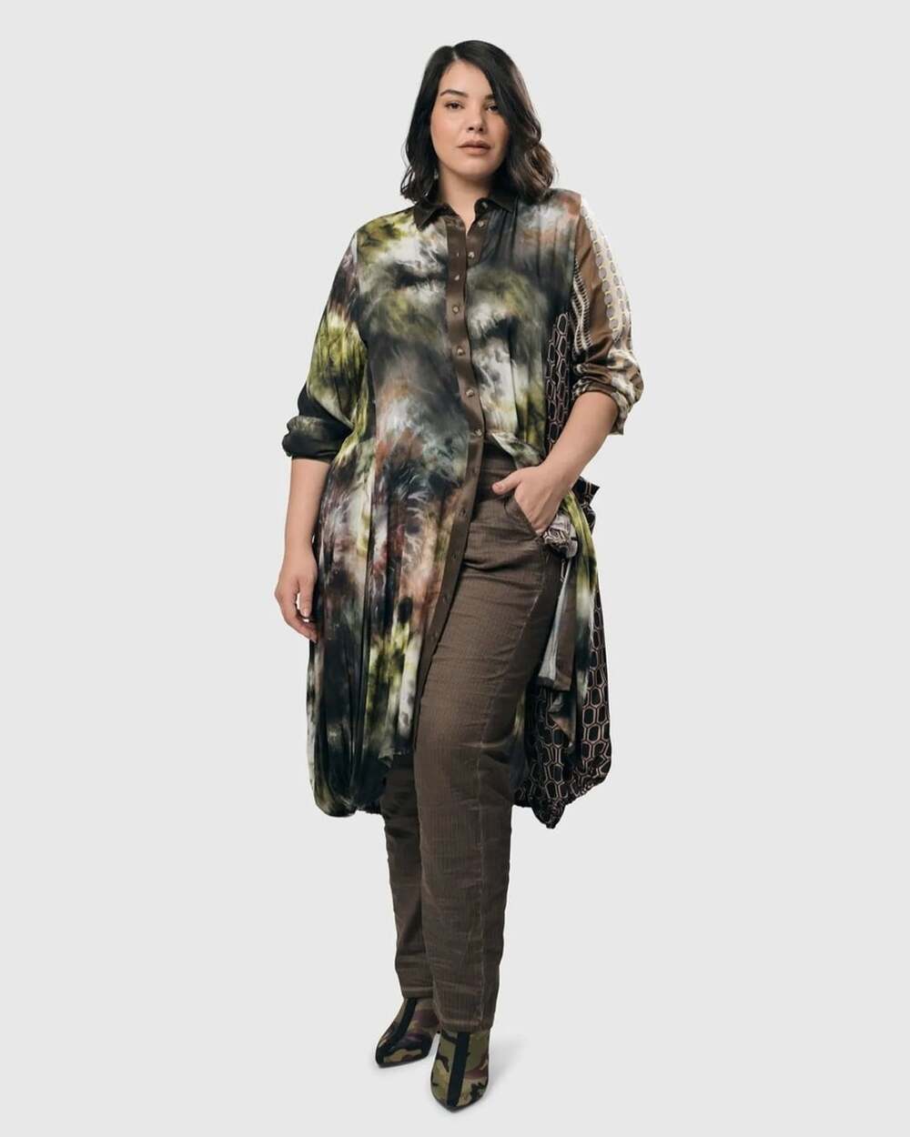 Alembika Women's 2 Supernova Button Up Collared Long Sleeve Multi Midi Dress